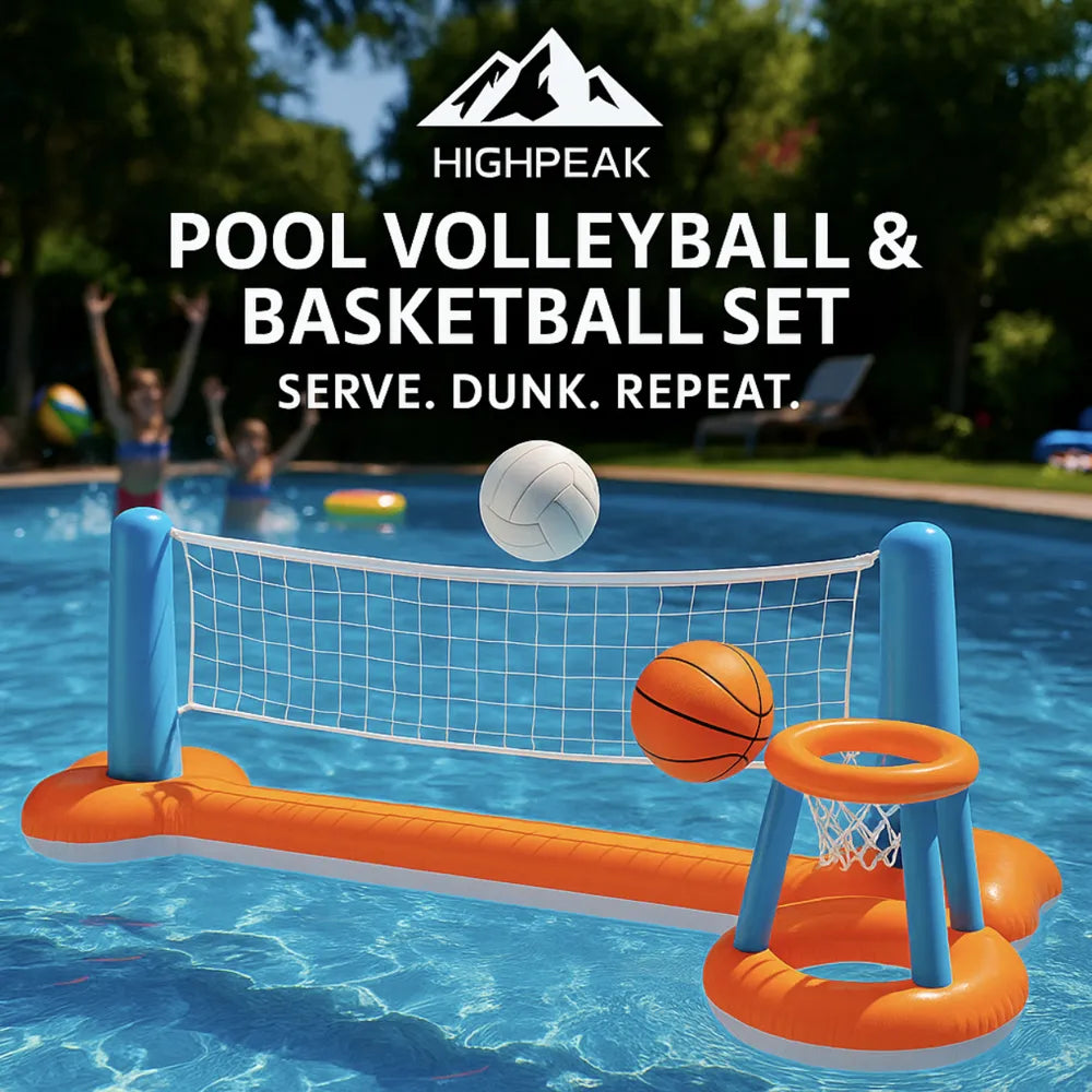 HighPeak Pool Volleyball & Basketball Set inflatable in blue and orange floating in pool with volleyball and basketball