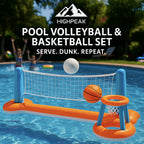 HighPeak Pool Volleyball & Basketball Set inflatable in blue and orange floating in pool with volleyball and basketball