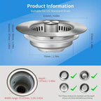 Pop-Up Sink Strainer compatibility chart showing measurements and several suitable drain styles.