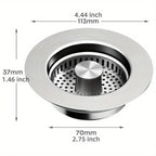 Pop-Up Sink Strainer measurement view showing 4.44 in top, 2.75 in base, and 1.46 in depth.