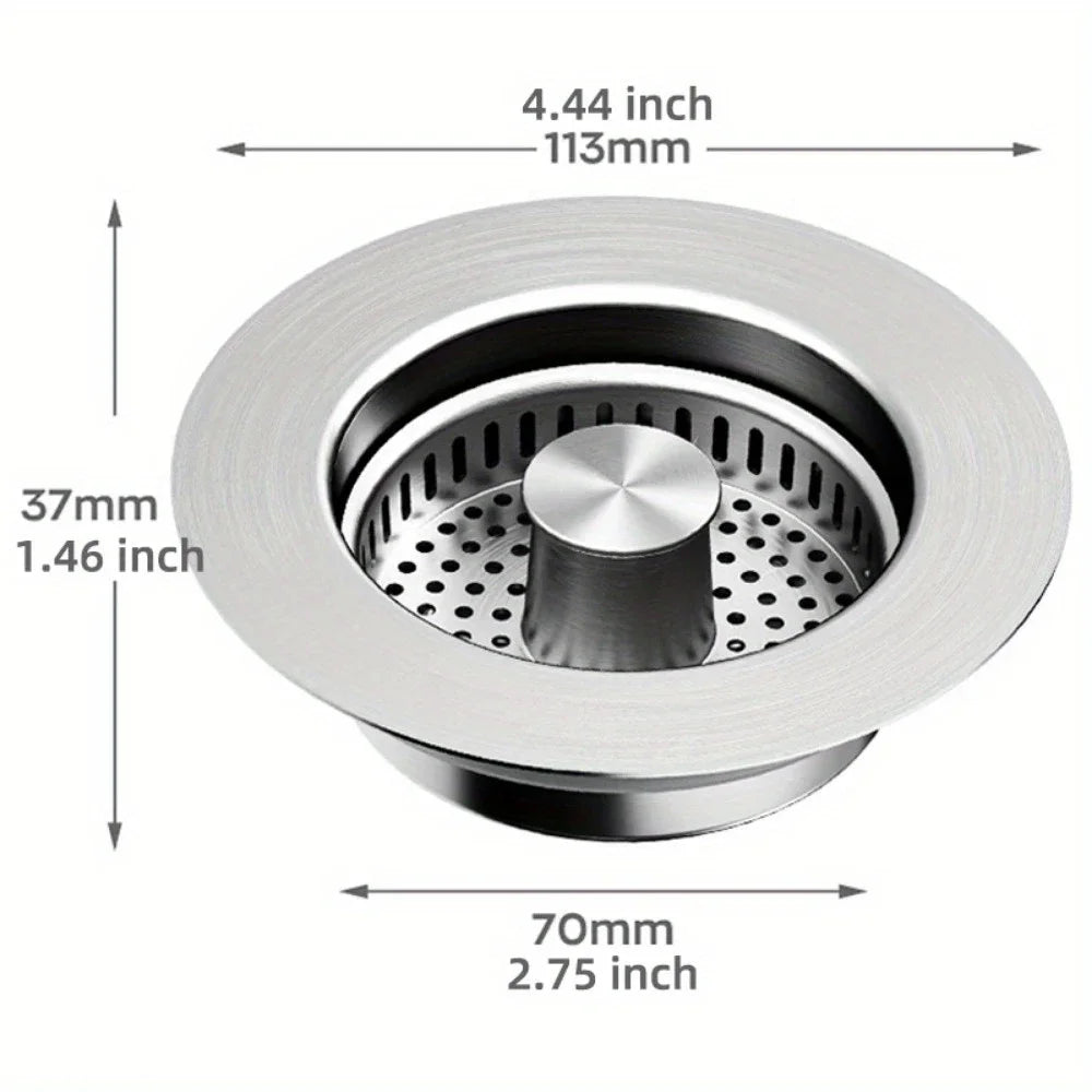 Pop-Up Sink Strainer measurement view showing 4.44 in top, 2.75 in base, and 1.46 in depth.