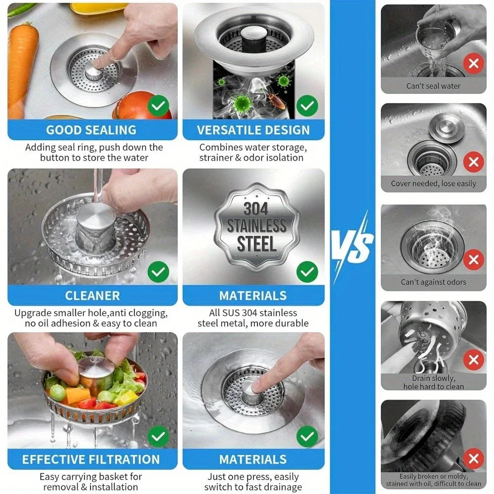 Pop-Up Sink Strainer feature grid showing sealing, removable basket, filtration, and easy cleaning.