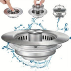 Pop-Up Sink Strainer close-ups showing the center button pressed and debris basket lifted out.