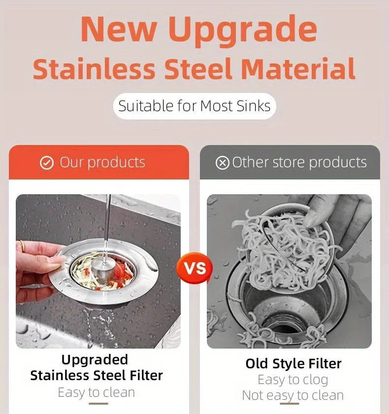 Pop-Up Sink Strainer upgraded steel basket compared with an old-style drain filter.