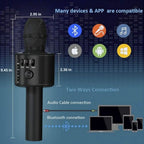 Popstar Karaoke Microphone Black model with alternate dimensions and Bluetooth connection diagram