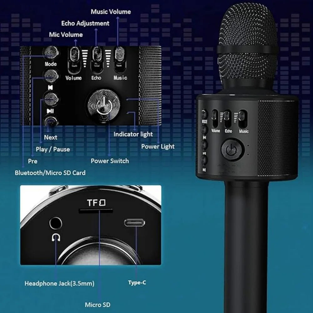 Popstar Karaoke Microphone Black model with labeled volume, echo, music, power, and connection controls