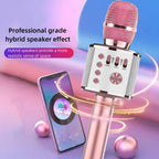 Popstar Karaoke Microphone Pink variant paired with a phone in a Bluetooth speaker feature graphic