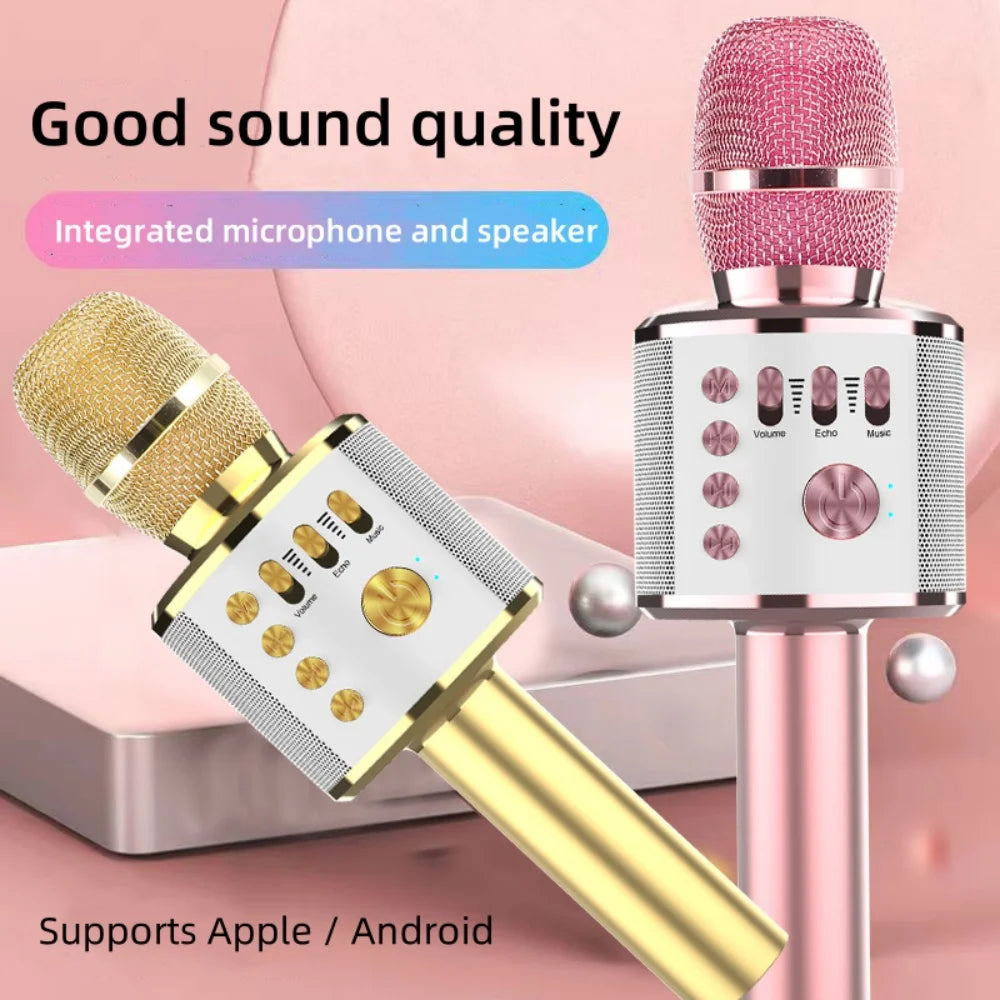 Popstar Karaoke Microphone Pink and Gold models in an alternate integrated speaker feature graphic