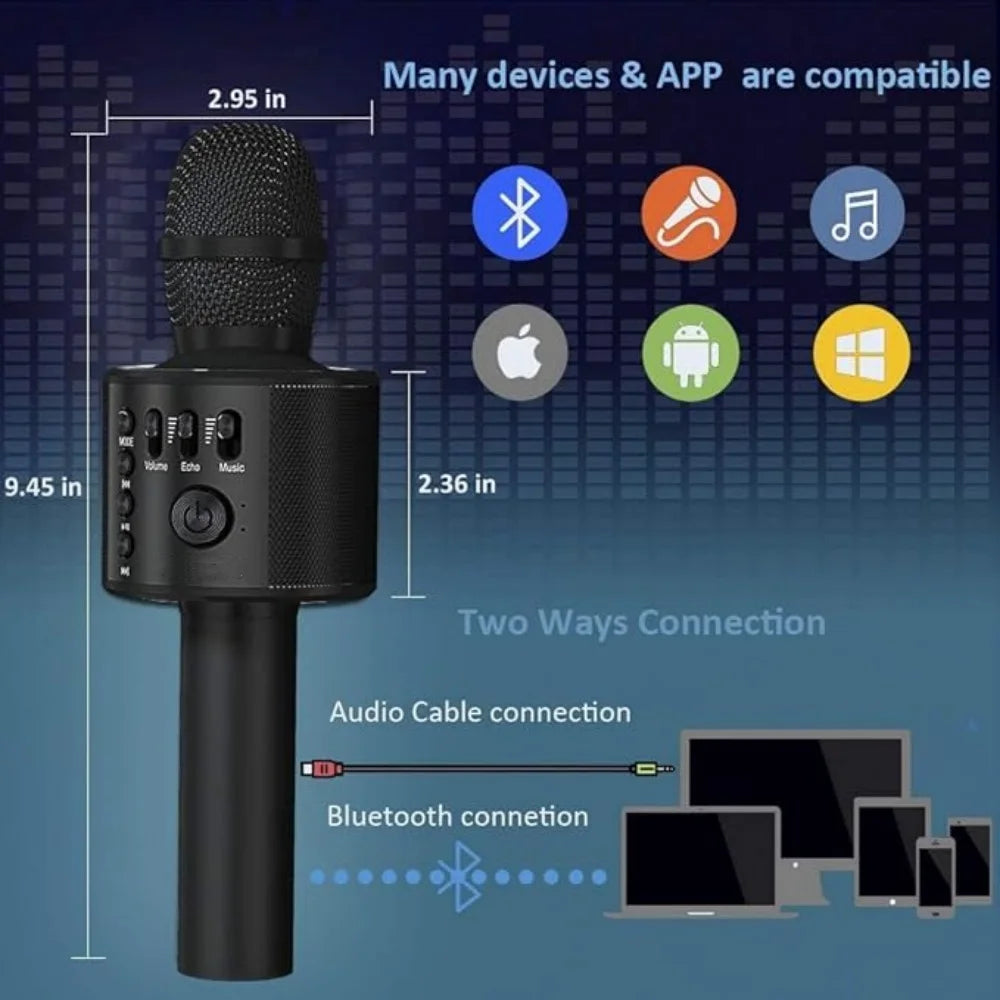 Popstar Karaoke Microphone Black model with dimensions, compatible devices, and connection methods