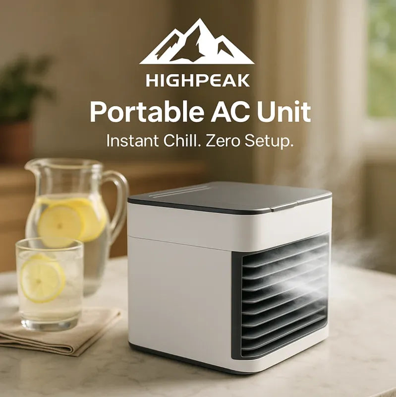 HighPeak Portable AC Unit in white with black vents on a kitchen counter next to lemon water pitcher and glass