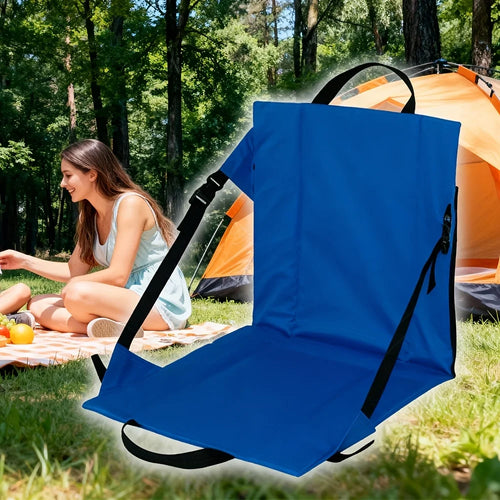 Portable Bleacher Seat in blue showing the seat, backrest, black straps, and handles against a campsite scene