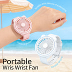 Portable Mini Wrist Fan pink fan worn on a wrist with a close-up of the white fan