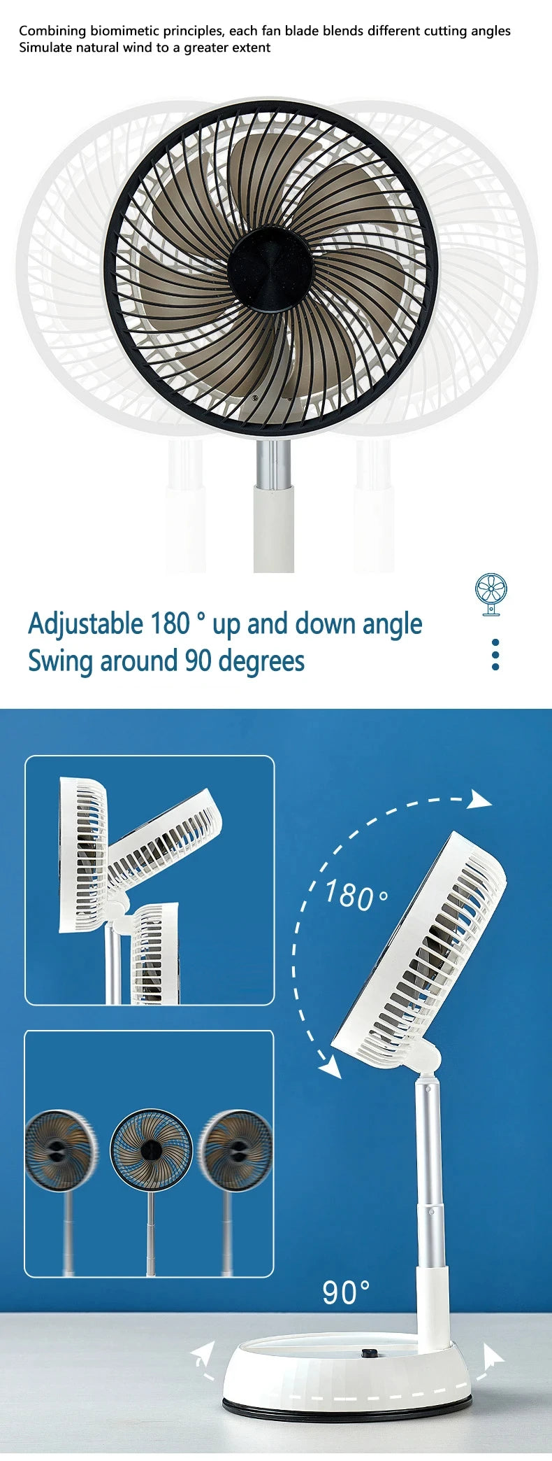 Portable Oscillating Fan white-background diagram showing adjustable tilt and oscillating movement