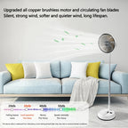 Portable Oscillating Fan airflow graphic highlighting the brushless motor and quiet breeze levels
