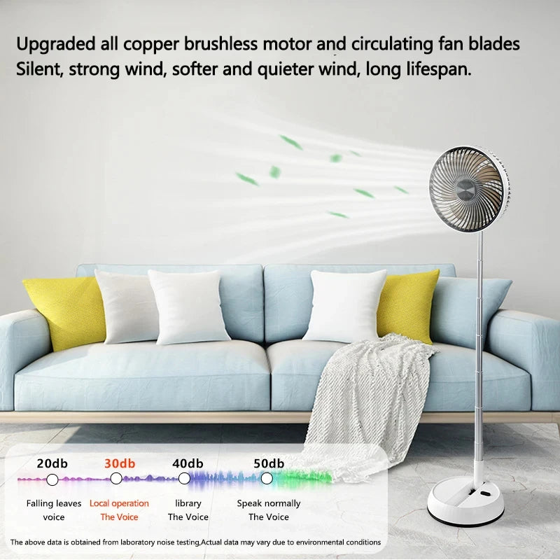 Portable Oscillating Fan airflow graphic highlighting the brushless motor and quiet breeze levels