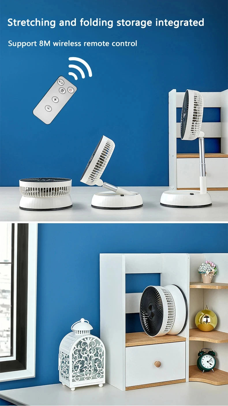 Portable Oscillating Fan folding into its compact round base for shelf storage and easy carrying
