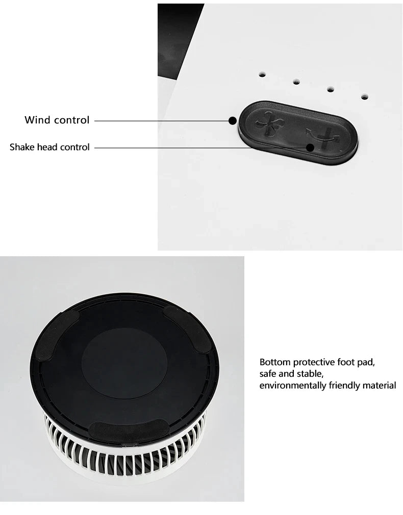 Portable Oscillating Fan close-up showing the wind and oscillation controls plus the folded base