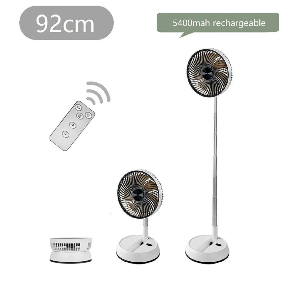 Portable Oscillating Fan shown folded, at desk height, and fully extended with the included remote