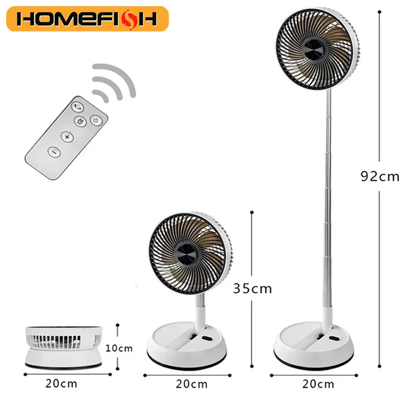 Portable Oscillating Fan size comparison showing 10 cm folded, 35 cm low, and 92 cm standing heights