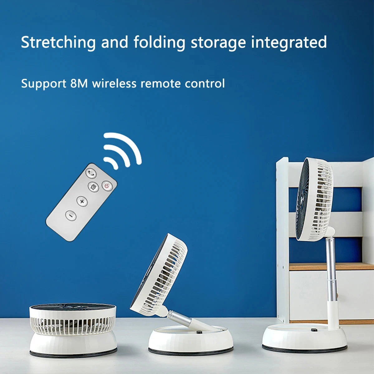 Portable Oscillating Fan folding stages with the included remote and approximately 8 meter range