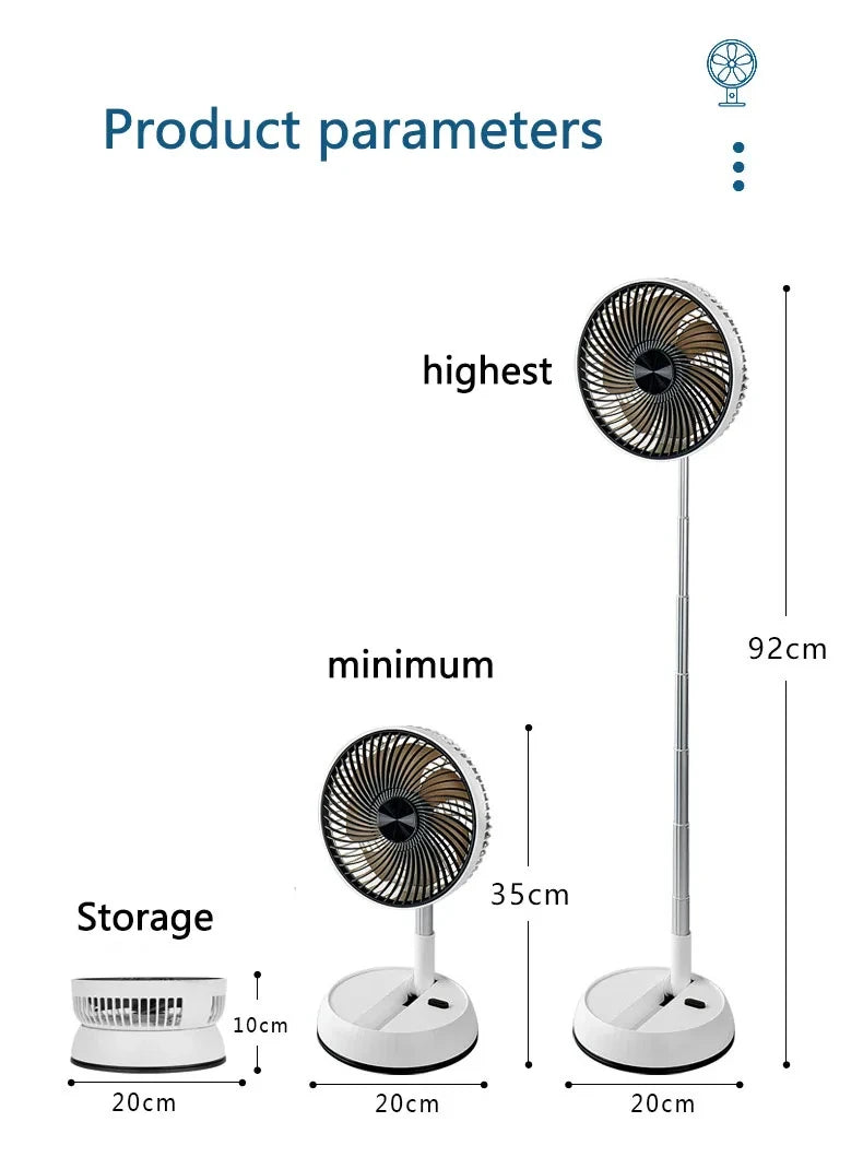 Portable Oscillating Fan height chart comparing the folded, minimum-height, and maximum-height setup