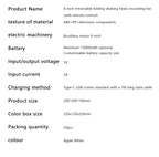 Portable Oscillating Fan specification chart with materials, power, charging, dimensions, and color