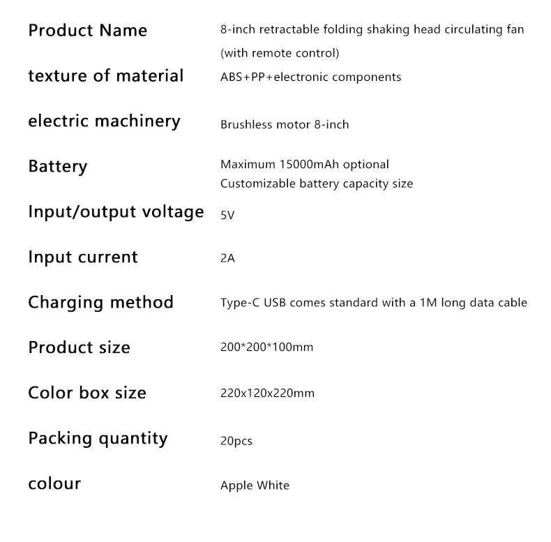 Portable Oscillating Fan specification chart with materials, power, charging, dimensions, and color
