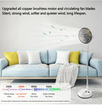Portable Oscillating Fan living room graphic comparing airflow and sound levels across three speeds