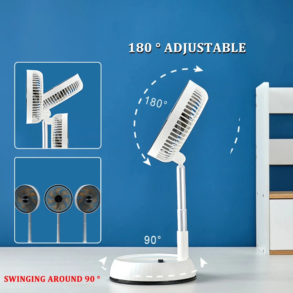 Portable Oscillating Fan diagram showing 180-degree head adjustment and 90-degree base oscillation