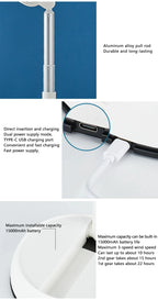 Portable Oscillating Fan close-ups of the folding rod, USB-C charging port, and built-in battery