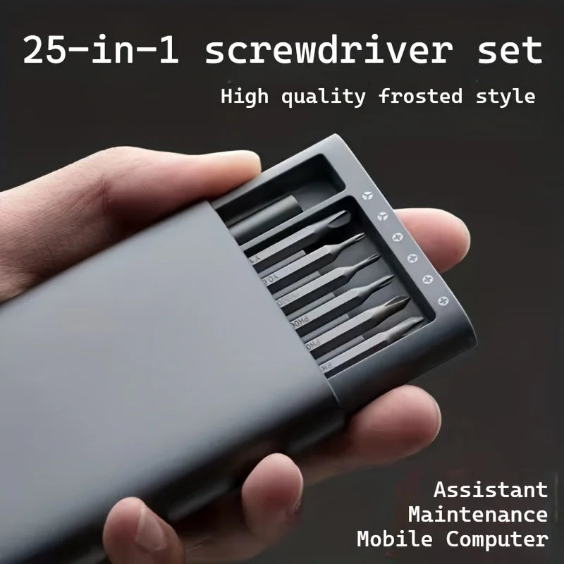 Hand holding the portable 25-in-1 Screwdriver Set with its organized precision bits partly exposed