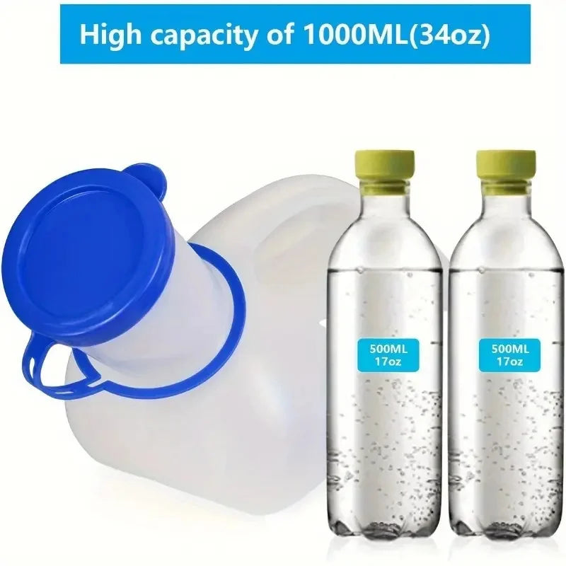 Portable Travel Urinal 1000mL capacity comparison beside two 500mL water bottles
