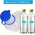 Portable Travel Urinal 1000mL capacity comparison beside two 500mL water bottles