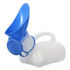 Portable Travel Urinal in blue and translucent white with funnel, cap, carry handle, and 33.81oz bottle