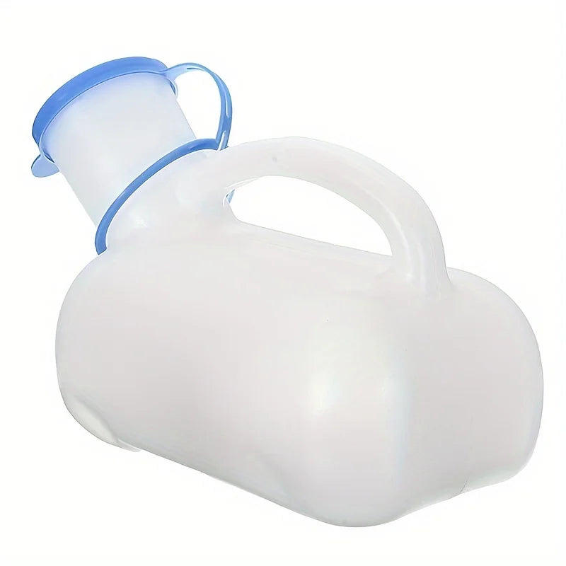 Portable Travel Urinal rear view showing the translucent 33.81oz bottle and integrated carry handle