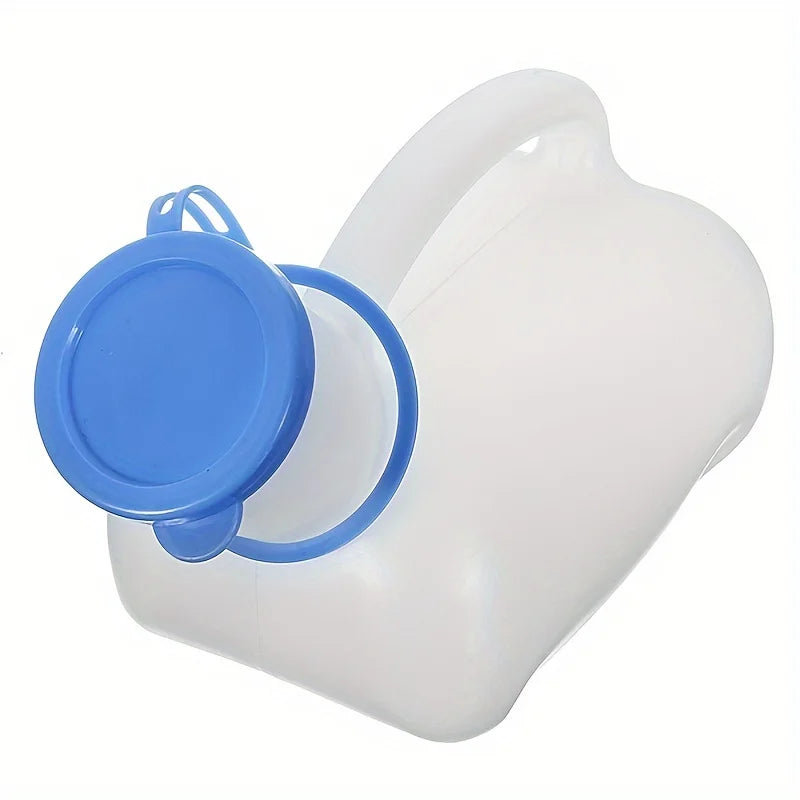 Portable Travel Urinal angled view with blue fitted cap closed over the bottle opening