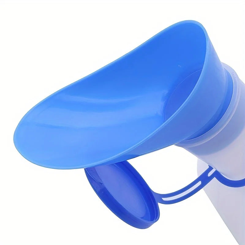 Portable Travel Urinal close-up of the wide blue unisex funnel and attached sealing cap