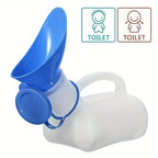 Portable Travel Urinal with blue funnel and male and female icons showing the unisex design
