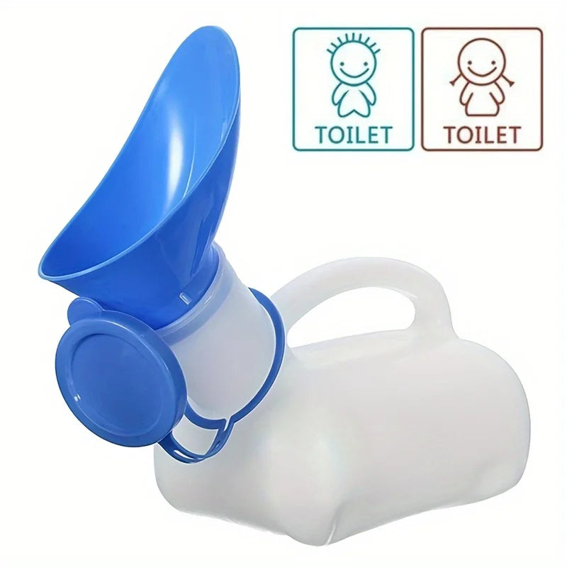 Portable Travel Urinal with blue funnel and male and female icons showing the unisex design