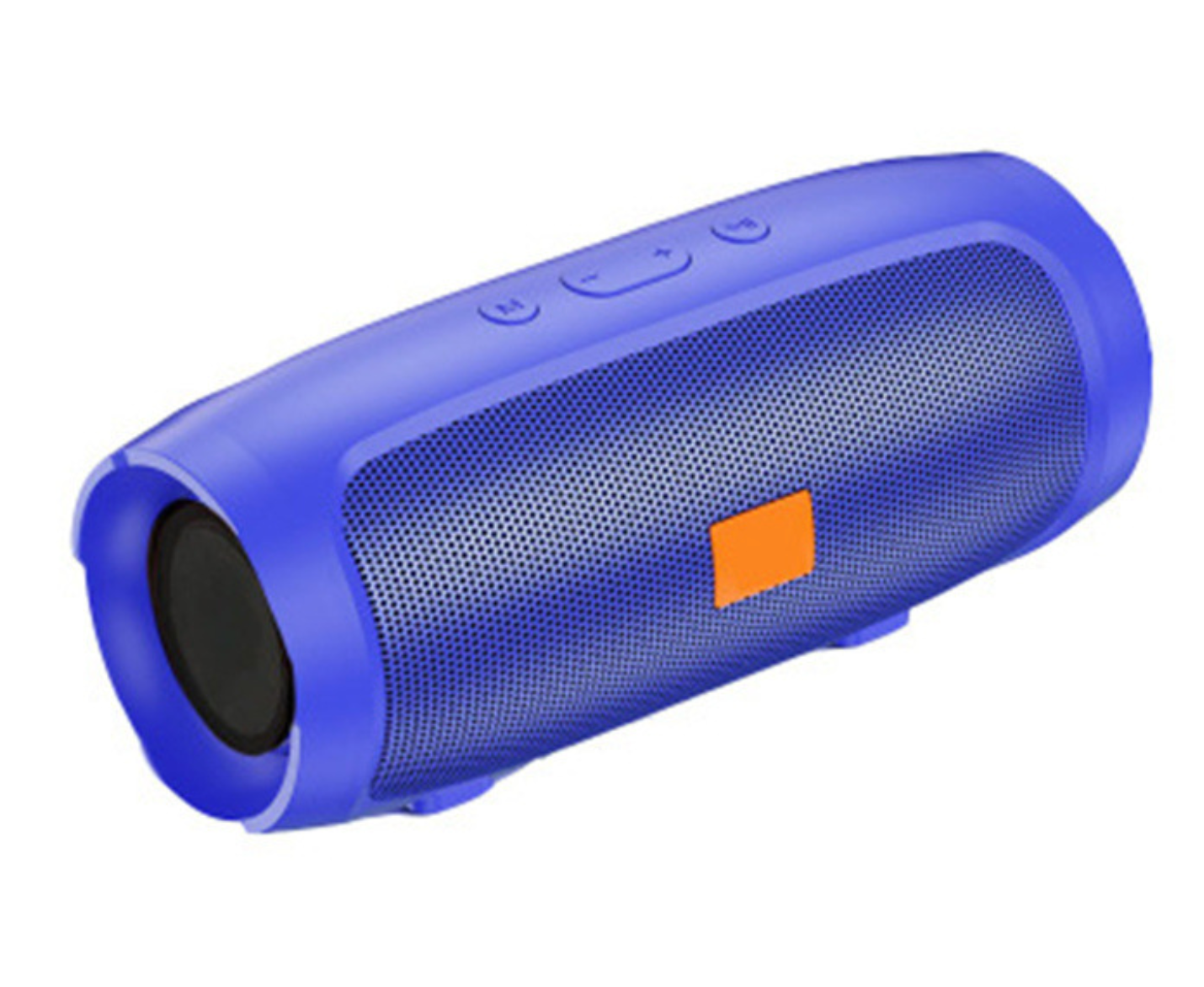 portable Bluetooth speaker in vibrant blue with orange logo, featuring mesh grille and control buttons