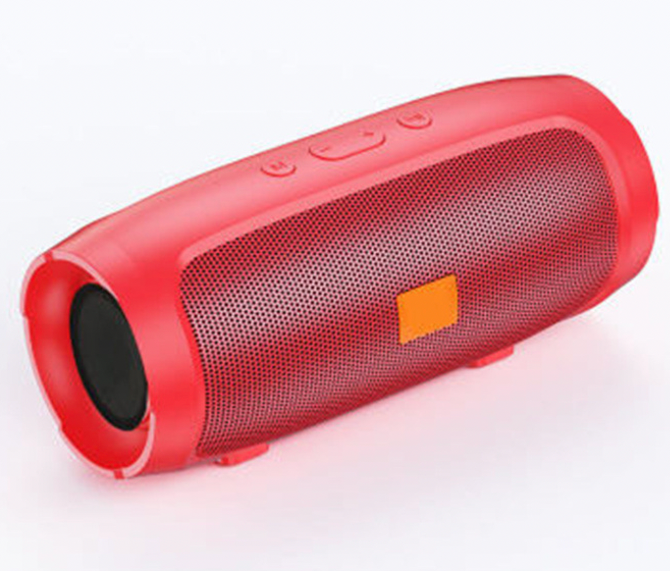 portable Bluetooth speaker in vibrant red with mesh grille and orange logo accent