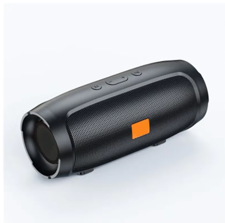 portable black Bluetooth speaker with orange accent and mesh grille design on white background