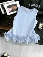 Portofino Ruffle Top front product view with blue and white stripes, sleeveless cut, and ruffle hem
