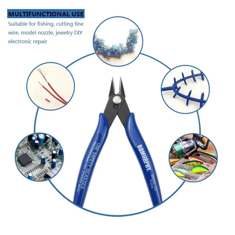 Precision Flush Cutters surrounded by examples of wire trimming, jewelry, model sprues, electronics and fishing.