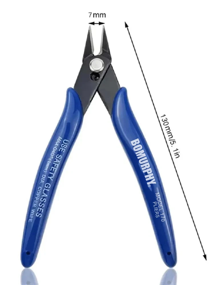 Precision Flush Cutters with blue handles and black jaws, marked with 130 mm length and 7 mm jaw spacing.