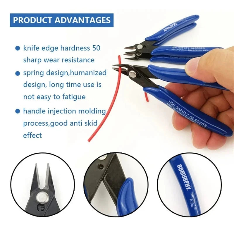 Precision Flush Cutters snipping red wire, with close-up details of the cutting jaws, return spring and blue grip.
