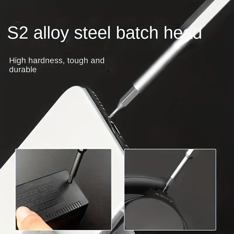 Close-up of precision screwdriver bits and driver working on phones, laptops, watches, and glasses