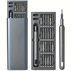 Precision screwdriver kit displayed with the case open, case closed, and textured driver beside it