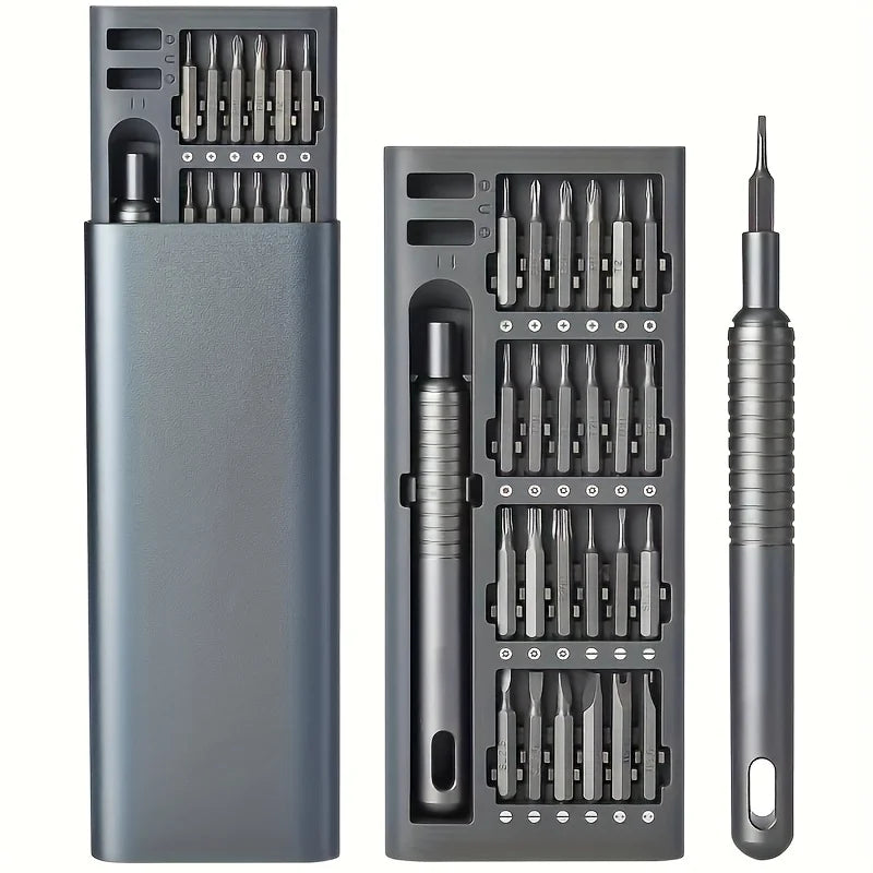 Precision screwdriver kit displayed with the case open, case closed, and textured driver beside it