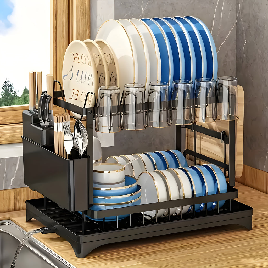 Food Dryer Rack HighPeak Double-Layer Kitchen Dish Drying Rack with Drain Tray